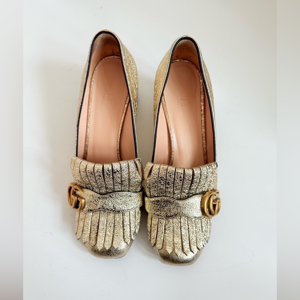 Gucci Gold Metallic leather GG fringe Marmont 55mm Heeled Loafer pumps EU 38 - Picture 3 of 12